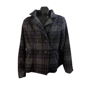 J2 by Joujou Purple & Gray Plaid Double-Breasted Peacoat – Size L